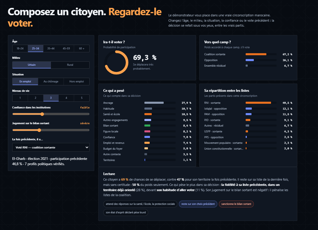 Experimental interface showing how an individual profile relates to simulated participation, preferences and decision factors.